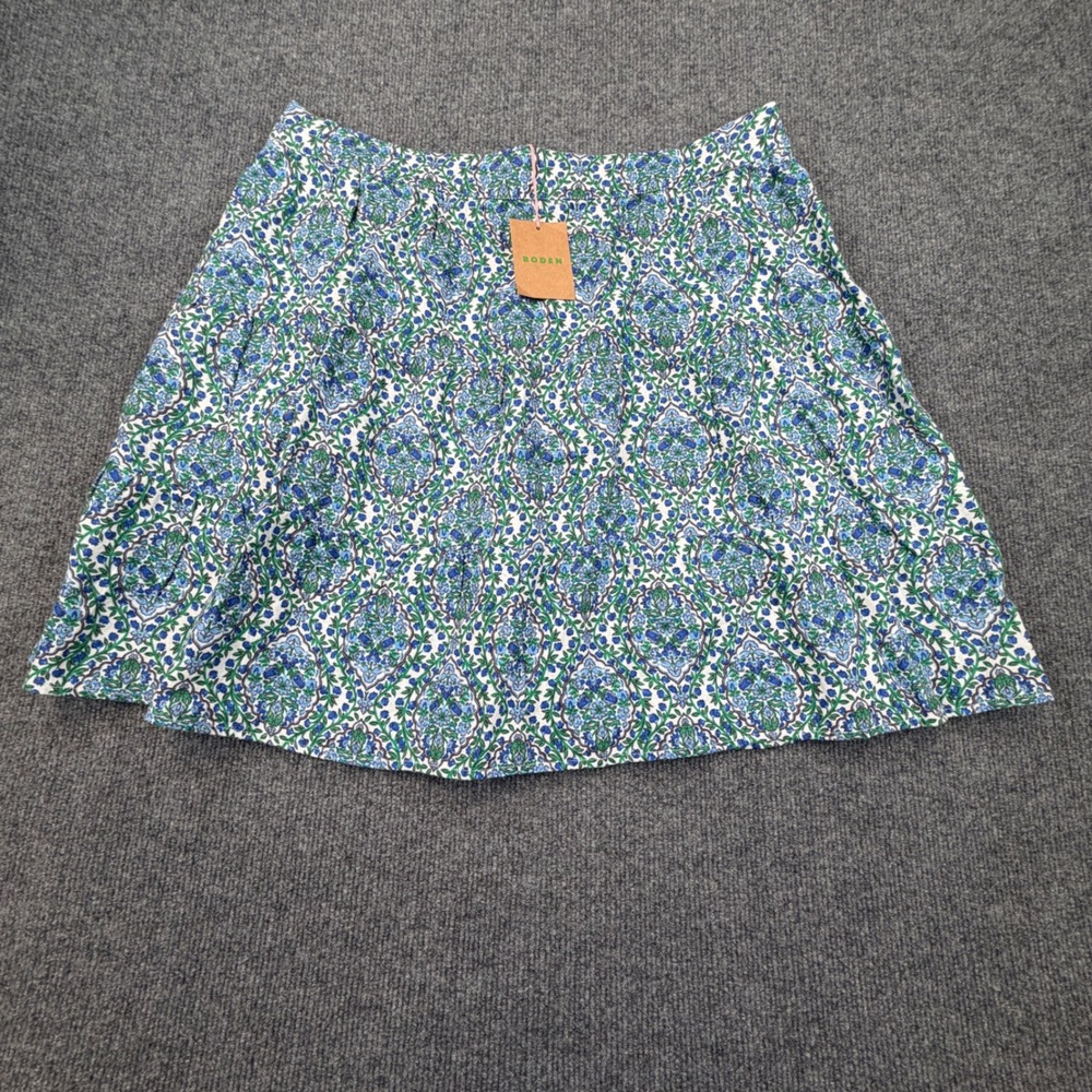 Boden Mini Skirt Womens 14 Blue Green Floral 100% Linen Damask Elastic Waist NEW - Picture 2 of 10